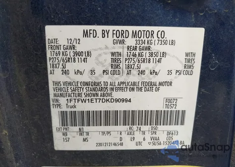 2013 Ford F-150 Xlt from USA, damaged, VIN 1FTFW1ET7DKD90994